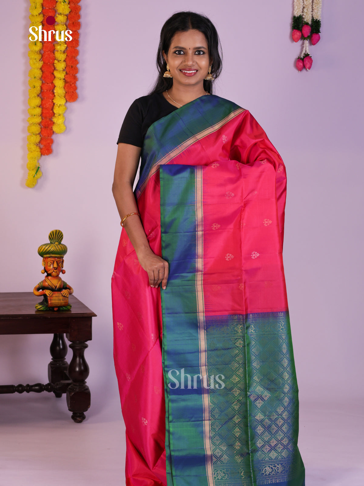 Beautifully Crafted Pink & Peacock Green Soft Silk Saree with zari buttas & Brocade pallu - Shop on Shrus.com