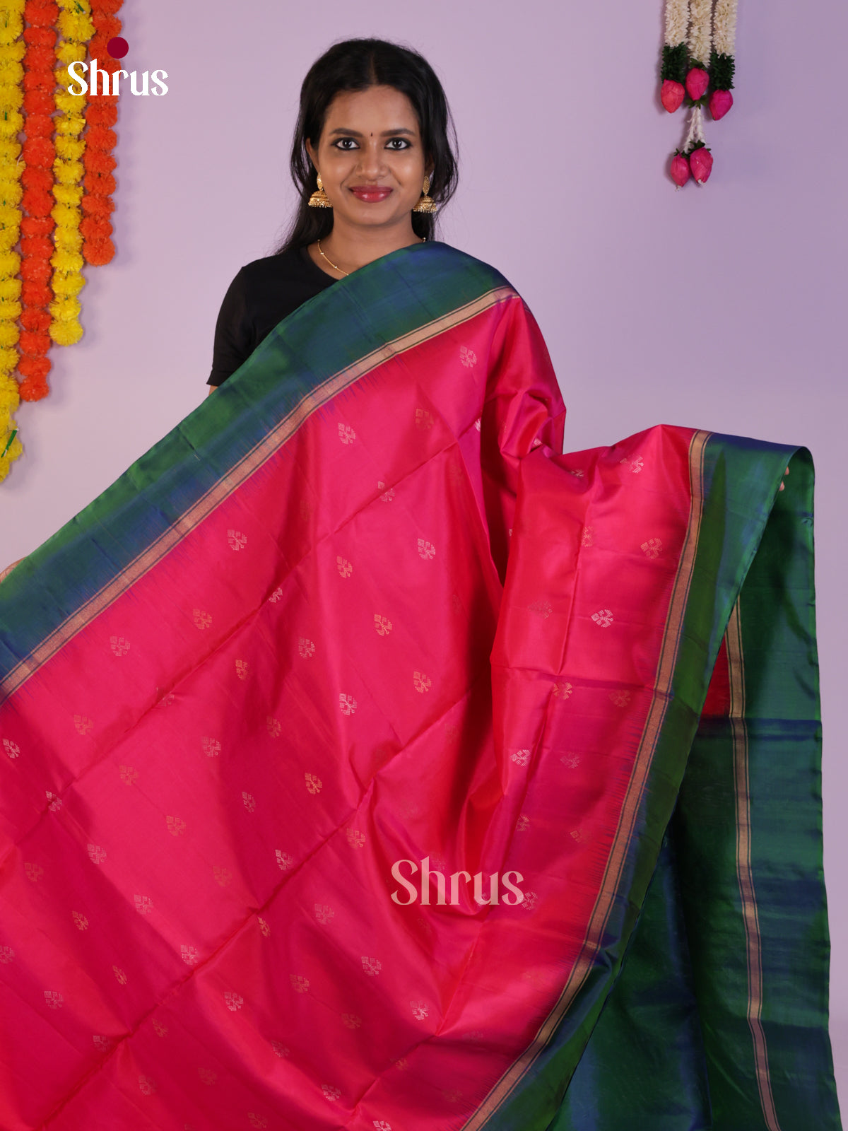 Beautifully Crafted Pink & Peacock Green Soft Silk Saree with zari buttas & Brocade pallu - Shop on Shrus.com