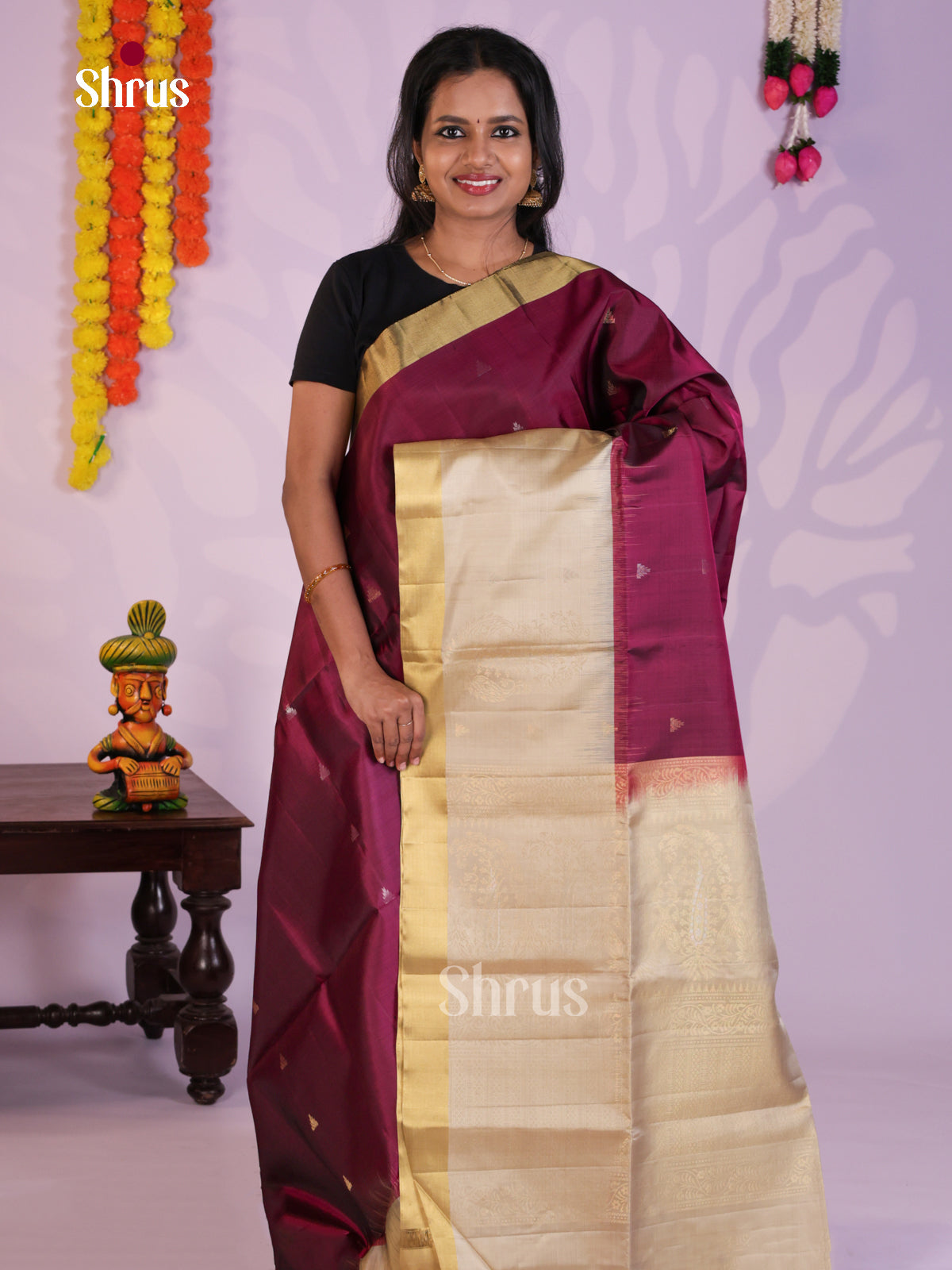 Classy Wine & Cream Soft Silk Saree with zari brocade pallu - Shop on Shrus.com