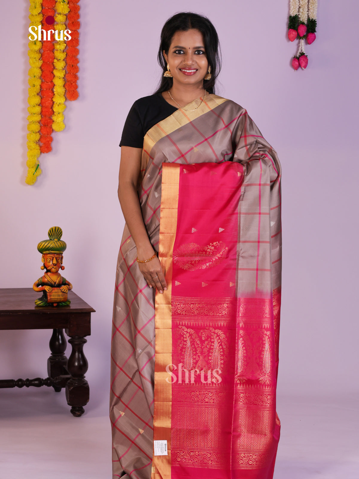 Exquisite grey & Pink Soft Silk Saree with checks, gold, silver zari buttas - Shop on Shrus.com