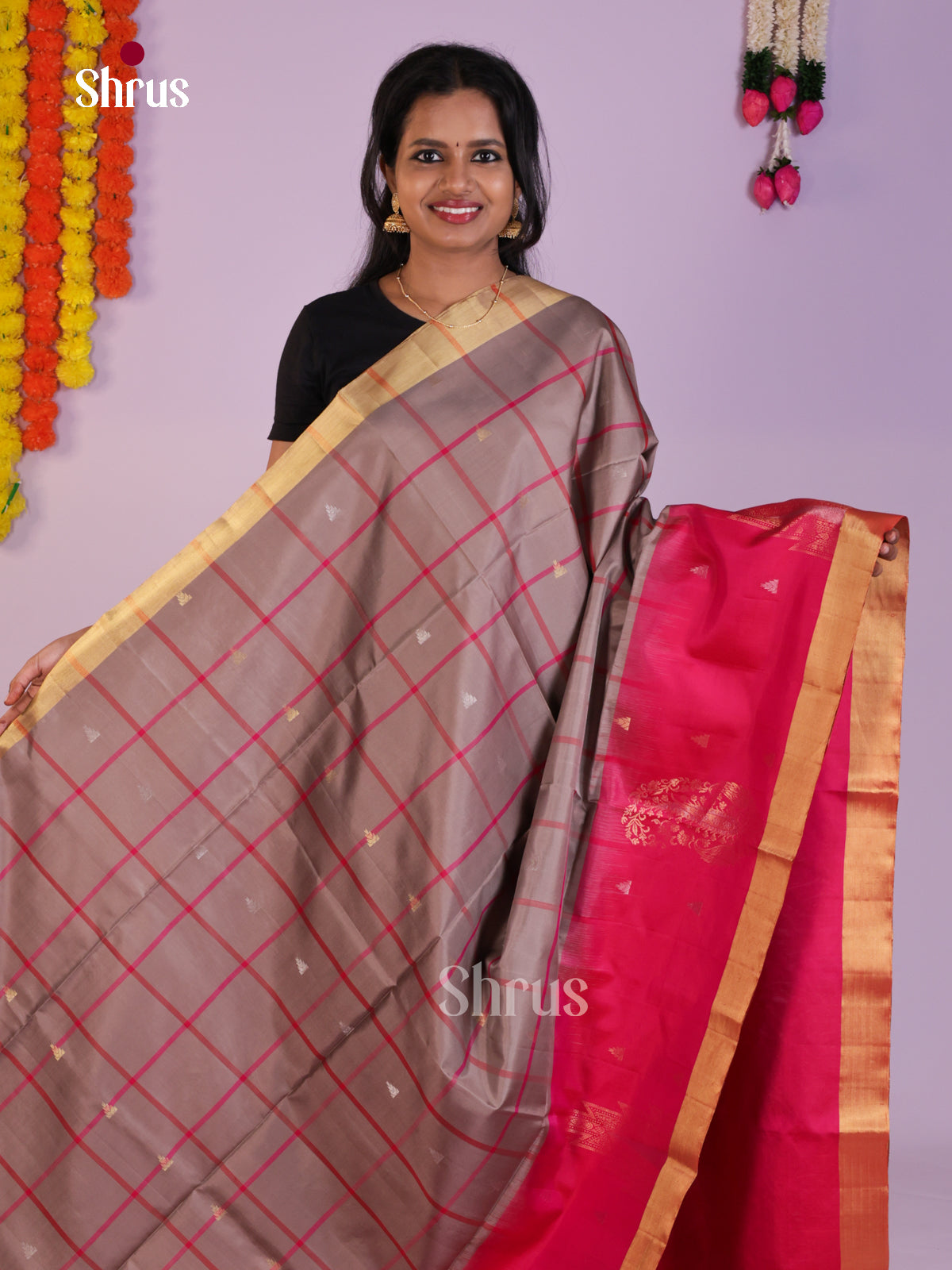 Exquisite grey & Pink Soft Silk Saree with checks, gold, silver zari buttas - Shop on Shrus.com