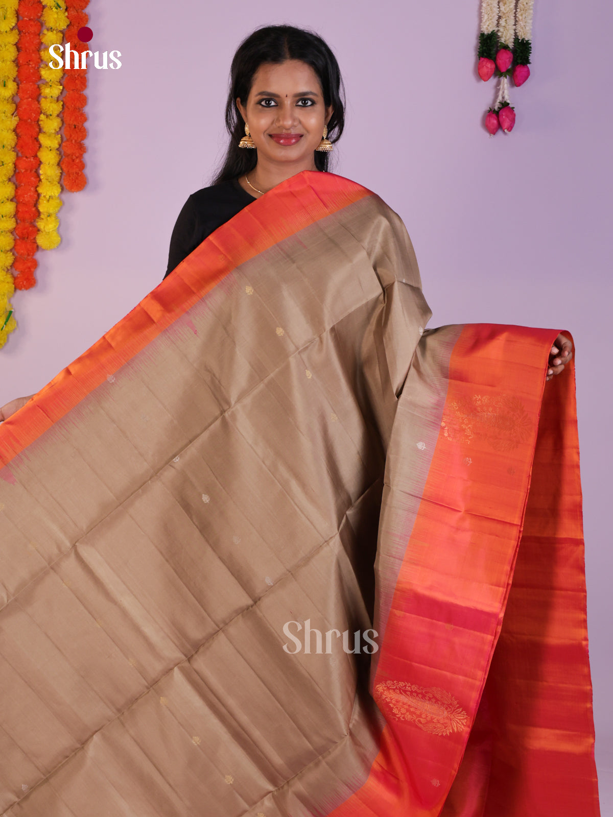 Beautiful Grey & Orange Soft Silk Saree with zari buttas & brocade pallu