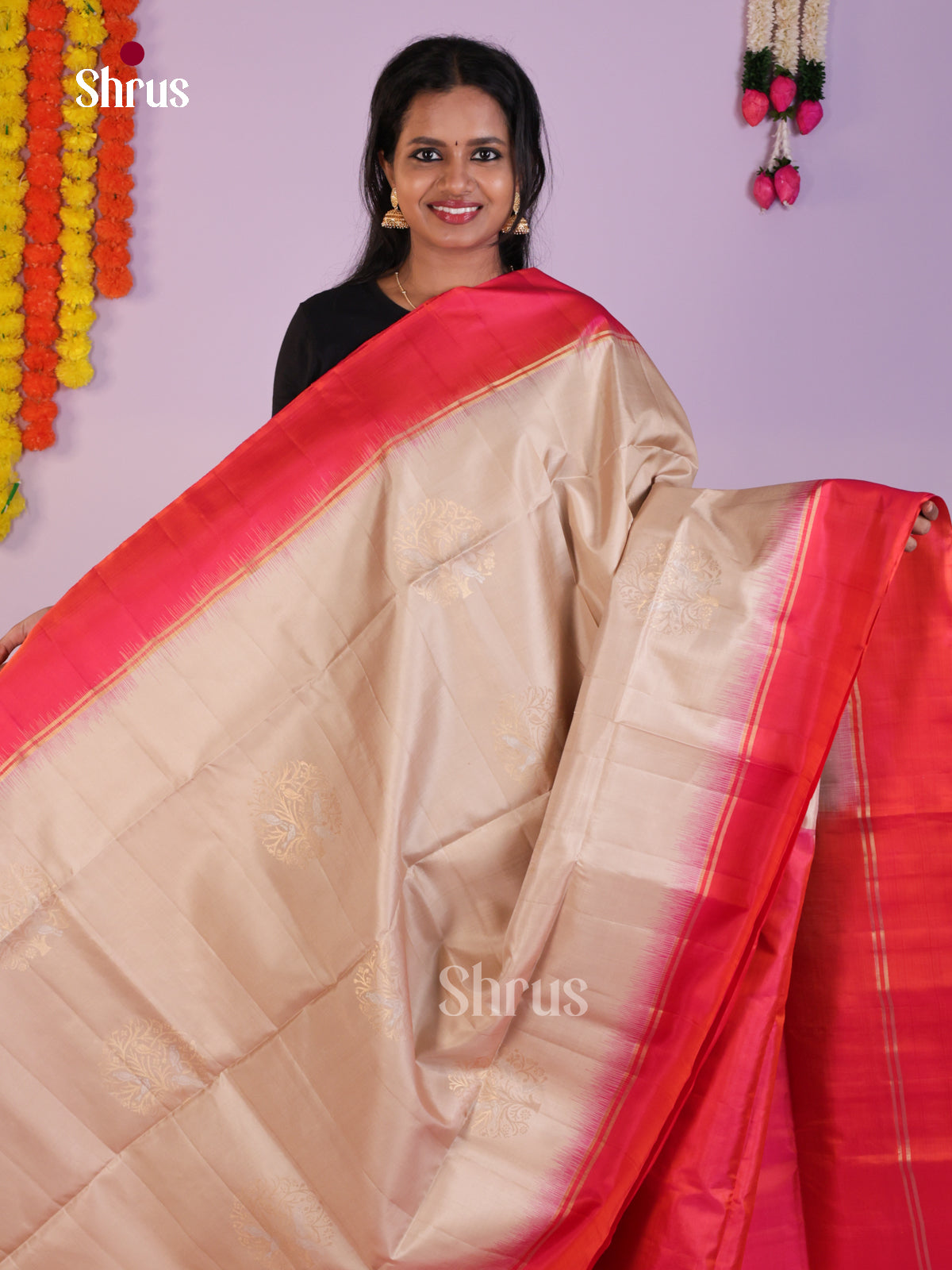 Elegant Cream & Orangish Pink Soft Silk Saree with zari tree motifs - Shop on Shrus.com