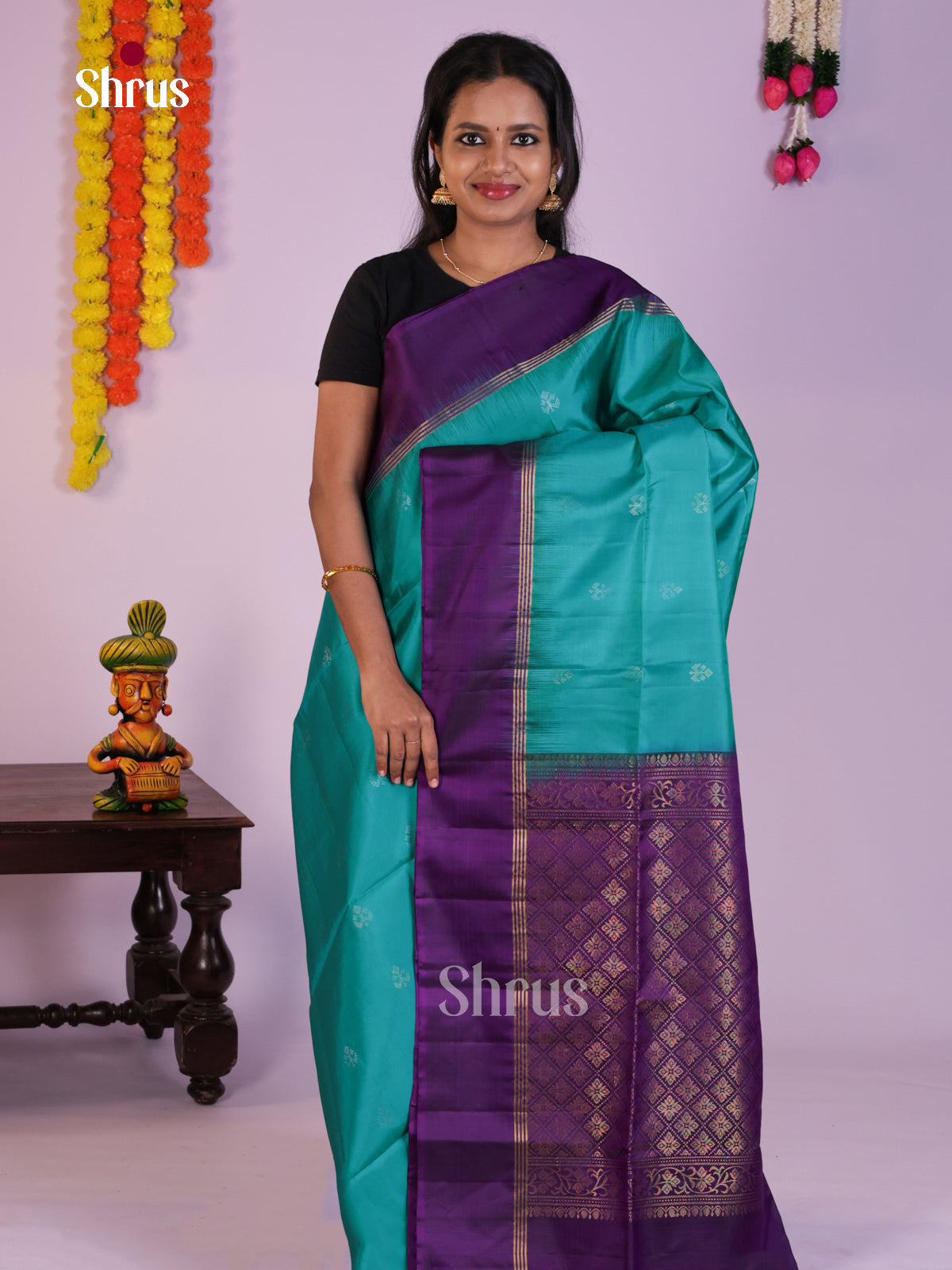 Majestic Blue & Violet Soft Silk Saree with zari buttas & Brocade Pallu - Shop on Shrus.com