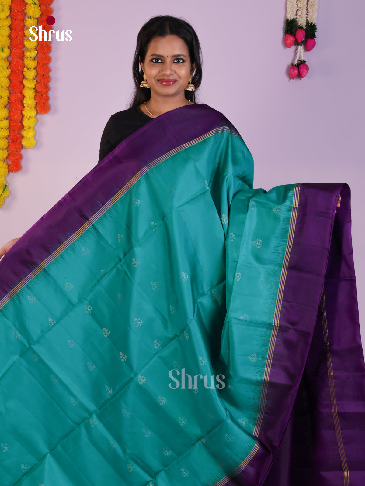 Majestic Blue & Violet Soft Silk Saree with zari buttas & Brocade Pallu - Shop on Shrus.com