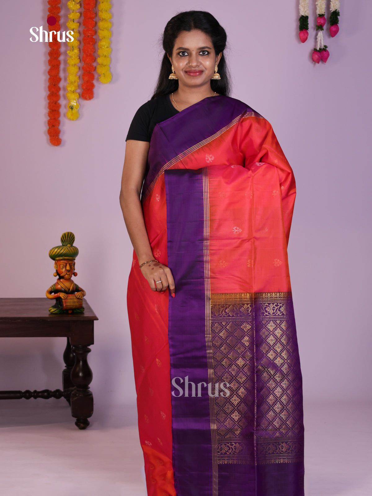 Radiant Orangish Pink Soft Silk Saree with zari floral buttas & criss cross brocade pallu - Shop on Shrus.com