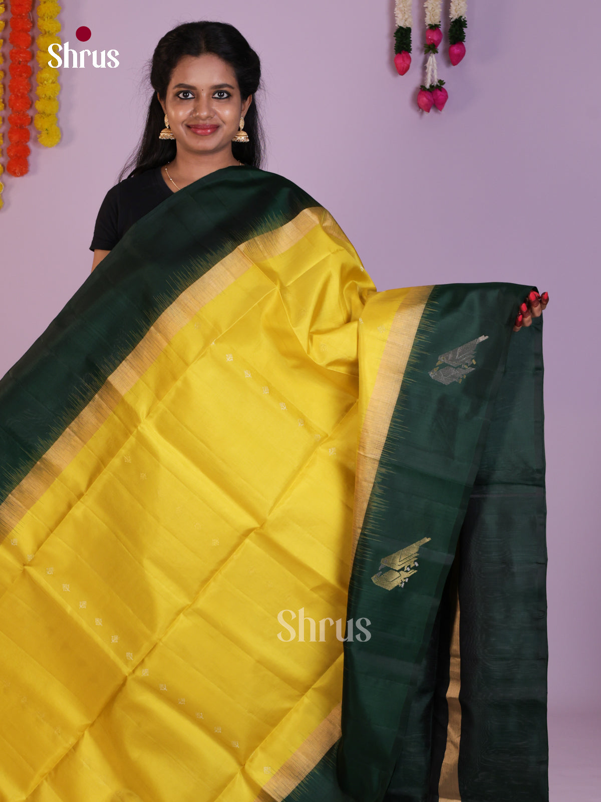 Lustrous Yellow & Green Soft Silk Saree with zari buttas & brocade pallu