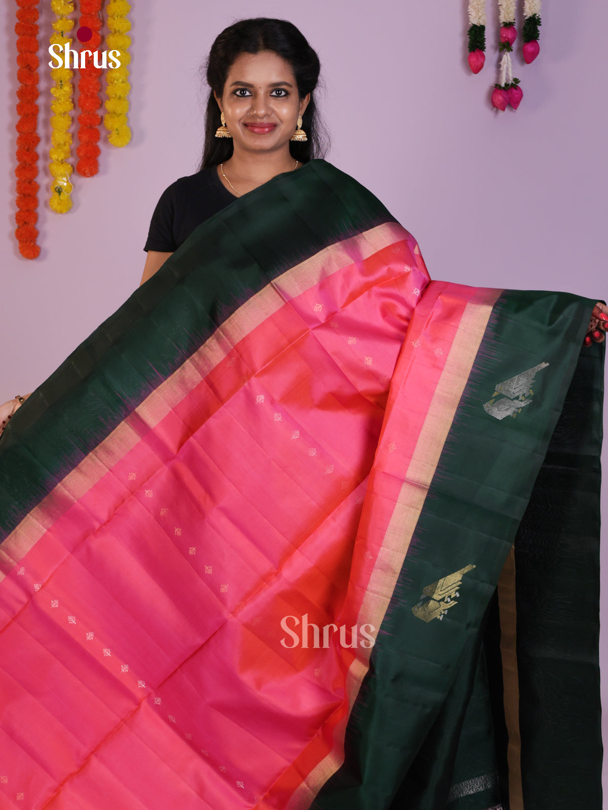 Gorgeous Pink & Green Soft Silk Saree zari floral buttas & Brocade pallu