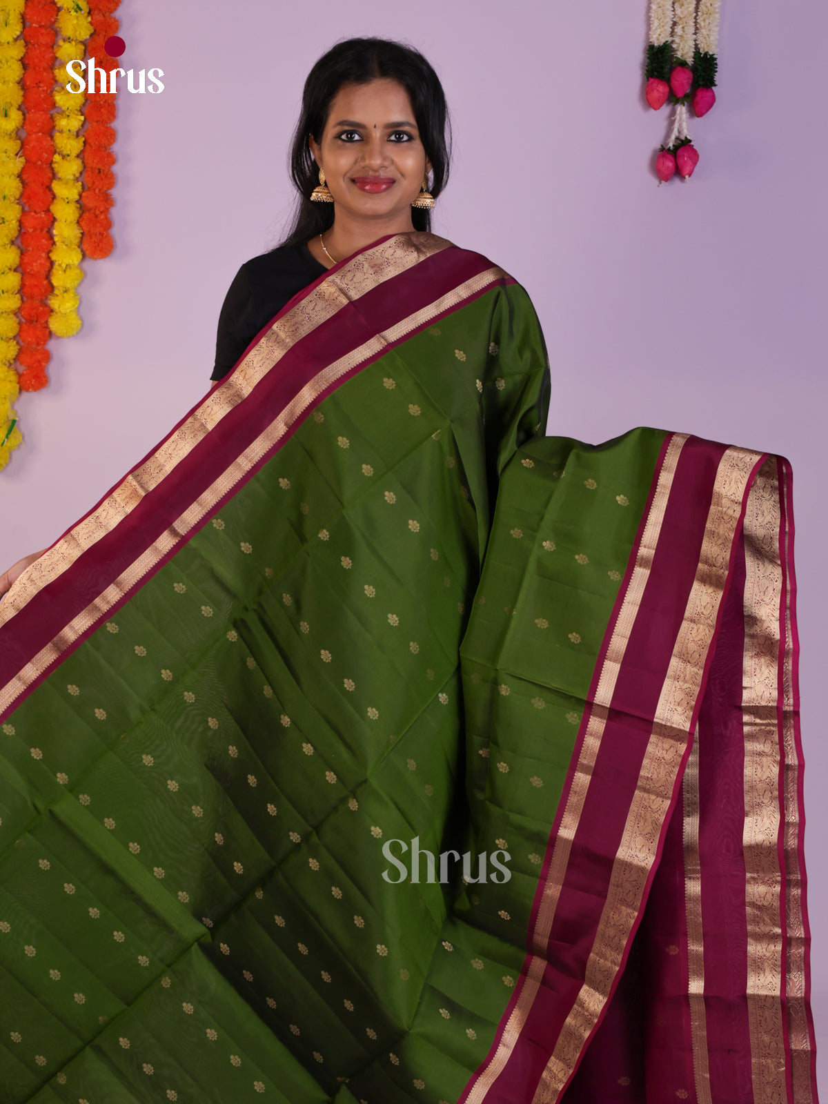 Graceful green & Maroon Soft Silk Saree with zari floral buttas & Rettaipet border - Shop on Shrus.com