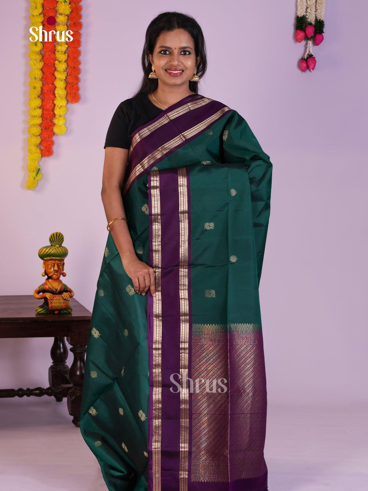 Pretty Green & Violet Soft Silk Saree with zari floral , peacock buttas & rettaipet Border - Shop on Shrus.com