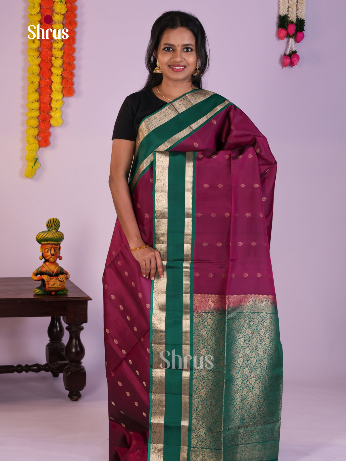 Classic Wine & Green Soft Silk Saree with zari buttas & rettaipet Border - Shop on Shrus.com
