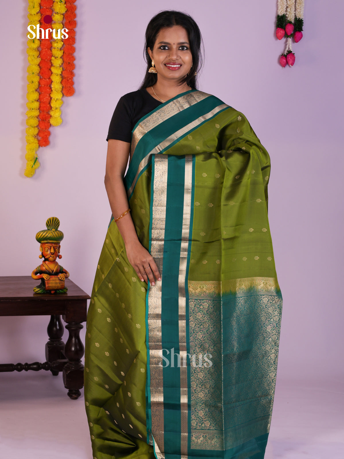 Timeless Mehandi Green & Green Soft Silk Saree with zari floral buttas & Brocade pallu - Shop on Shrus.com