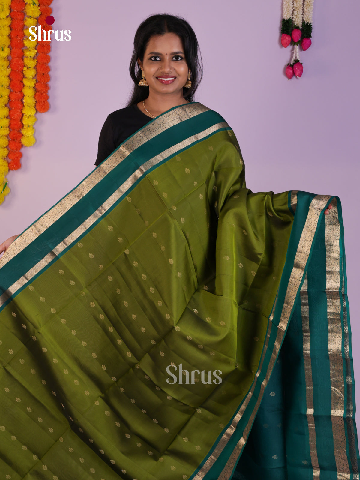Timeless Mehandi Green & Green Soft Silk Saree with zari floral buttas & Brocade pallu - Shop on Shrus.com