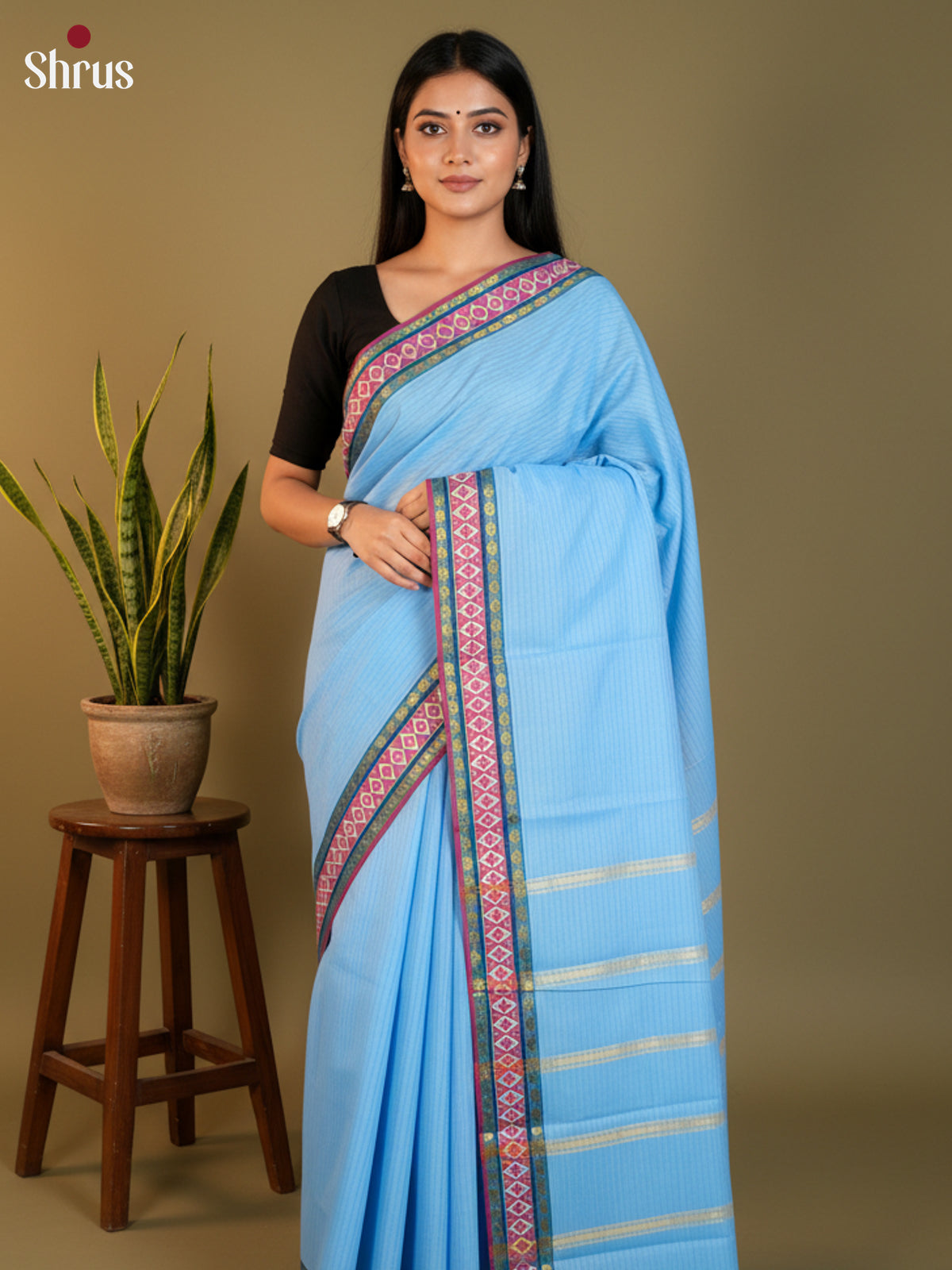 Blue & Maroon - South Cotton Saree- DLS15166