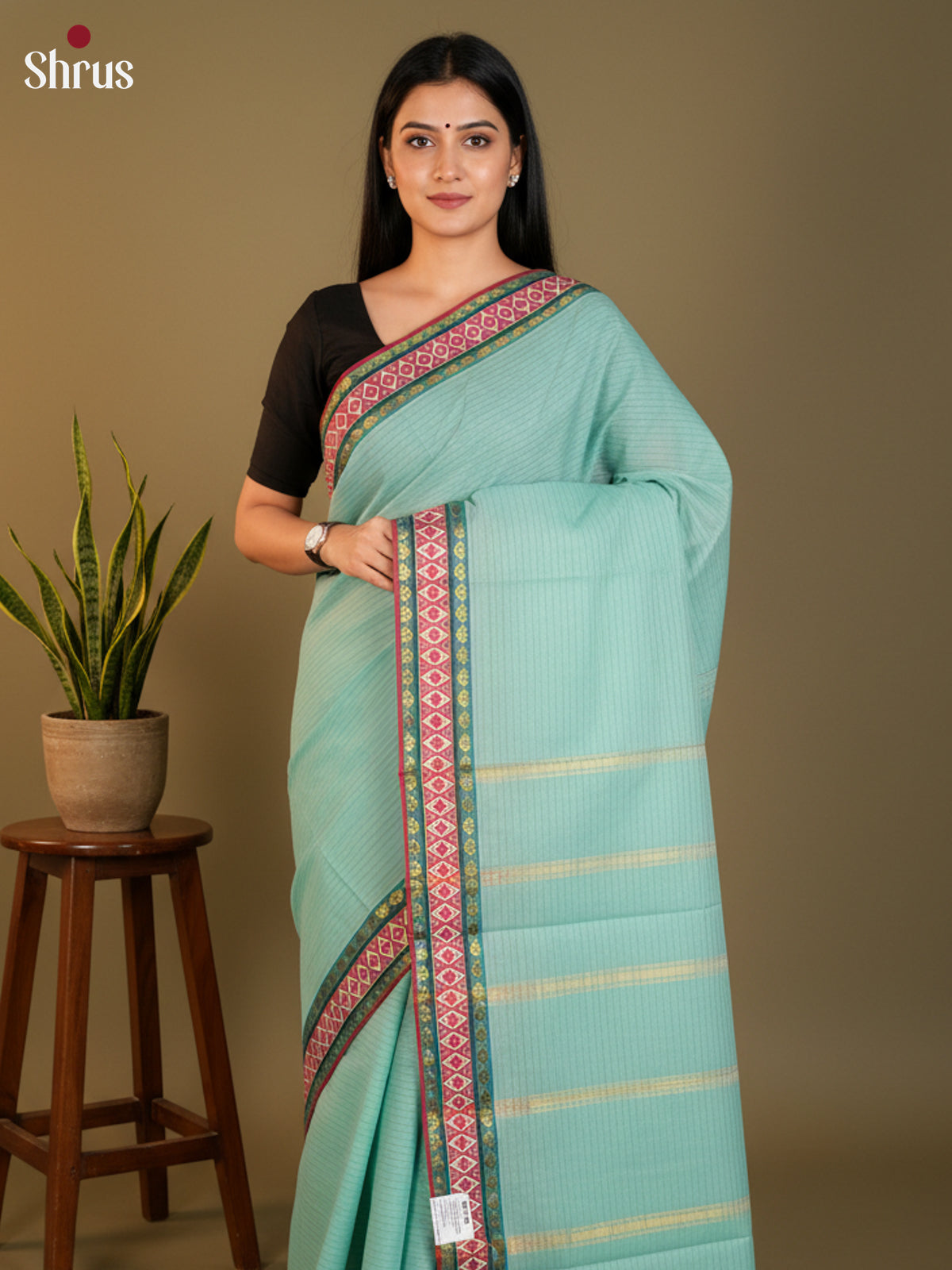 Pastel Green & Red - South Cotton Saree-DLS15190