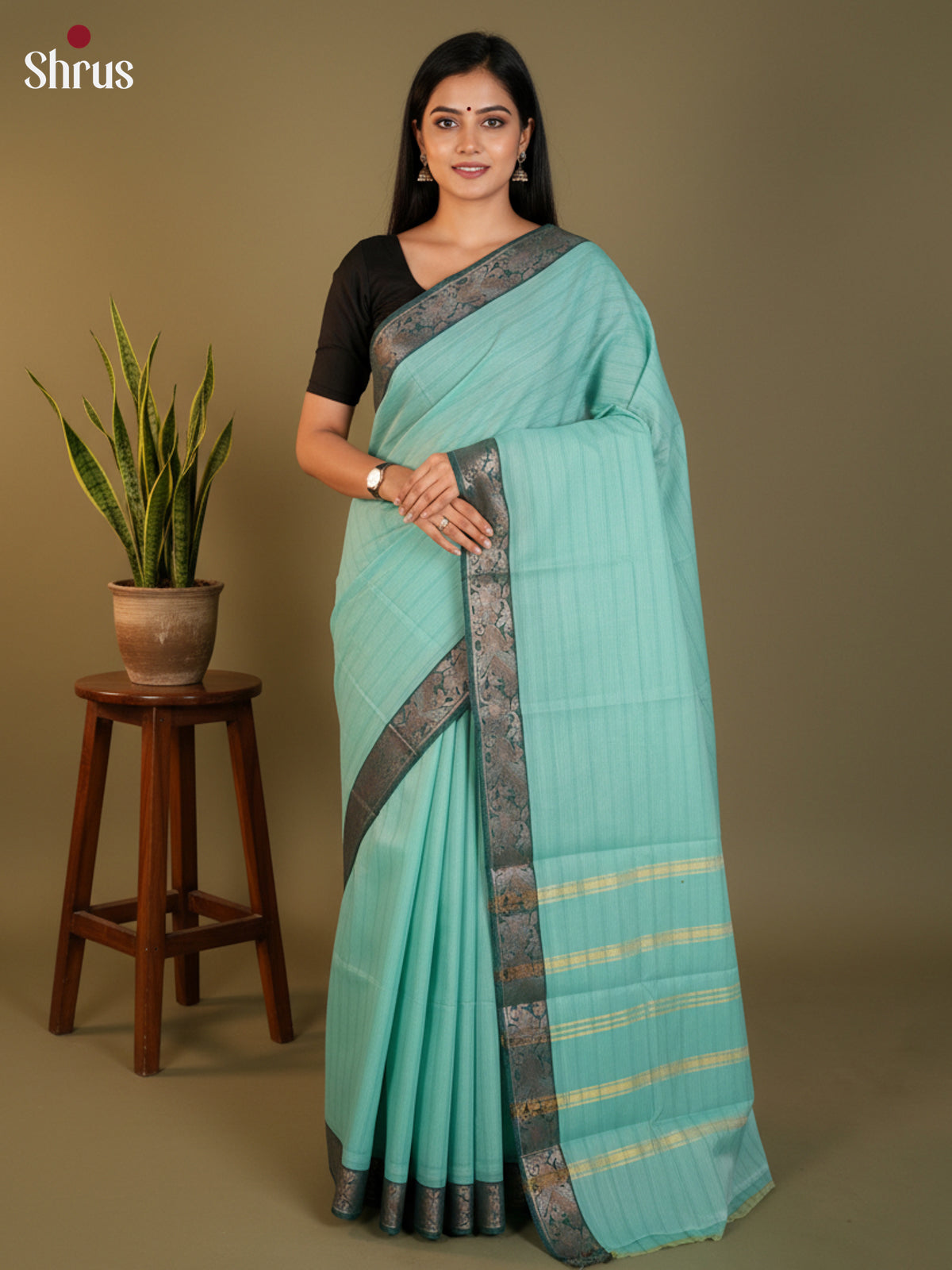 pastel blue & Green - South Cotton Saree - DLS15198