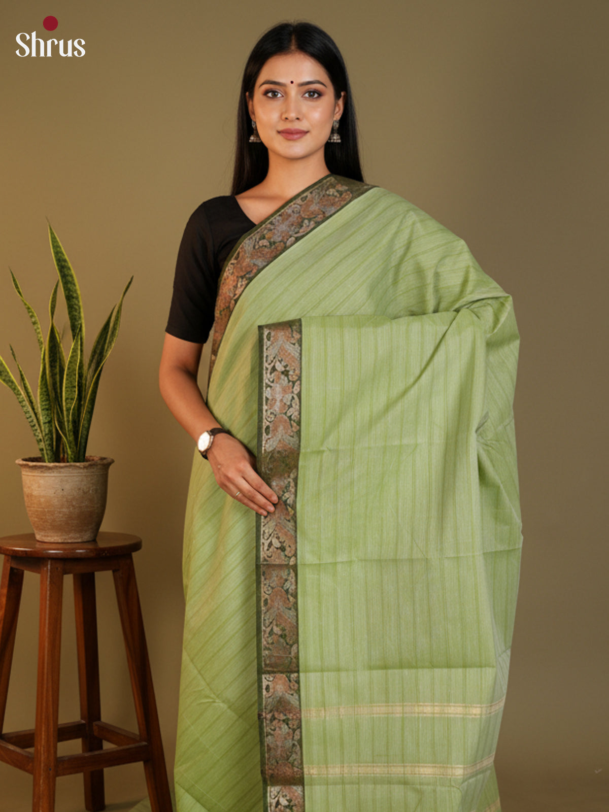 Light Green & Green - South Cotton Saree- DLS15210