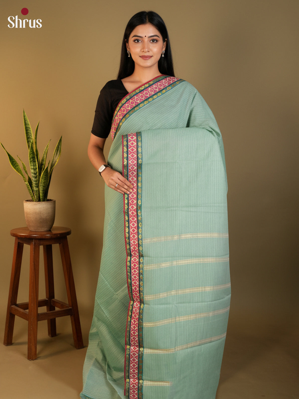 Pastel Green & Red - South Cotton Saree- DLS15212