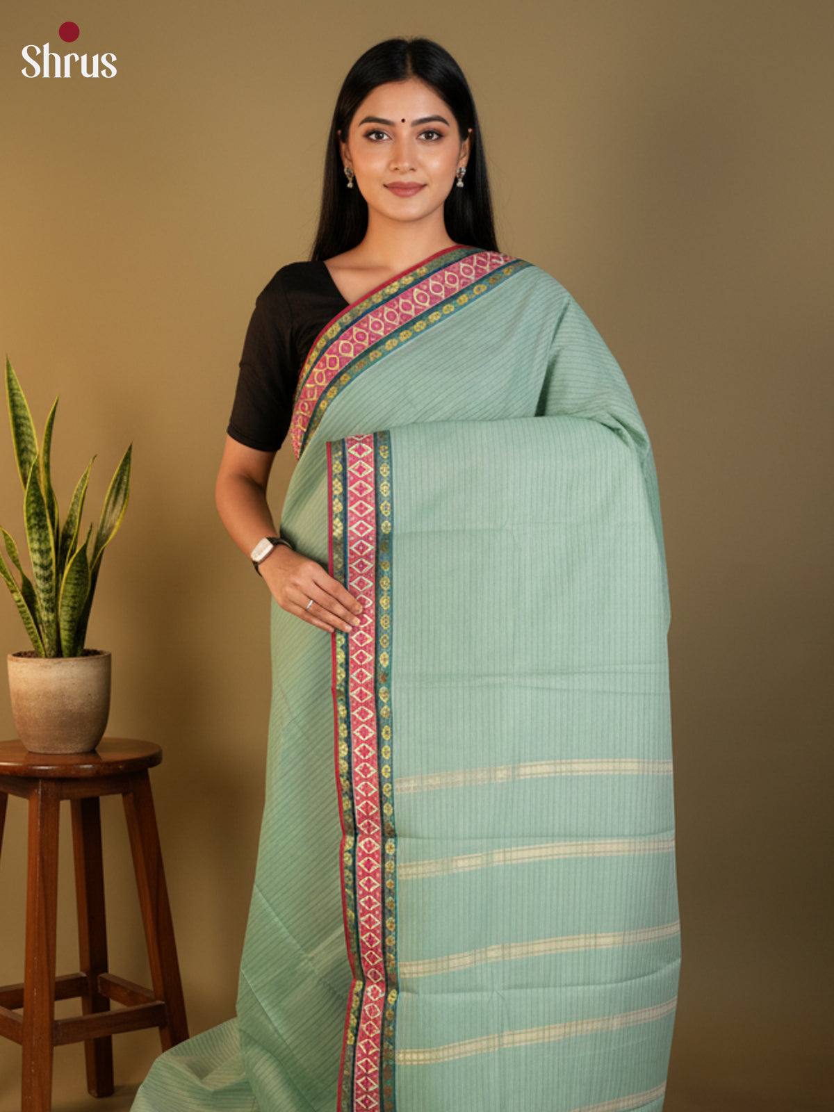 Pastel Green & Red - South Cotton Saree- DLS15212