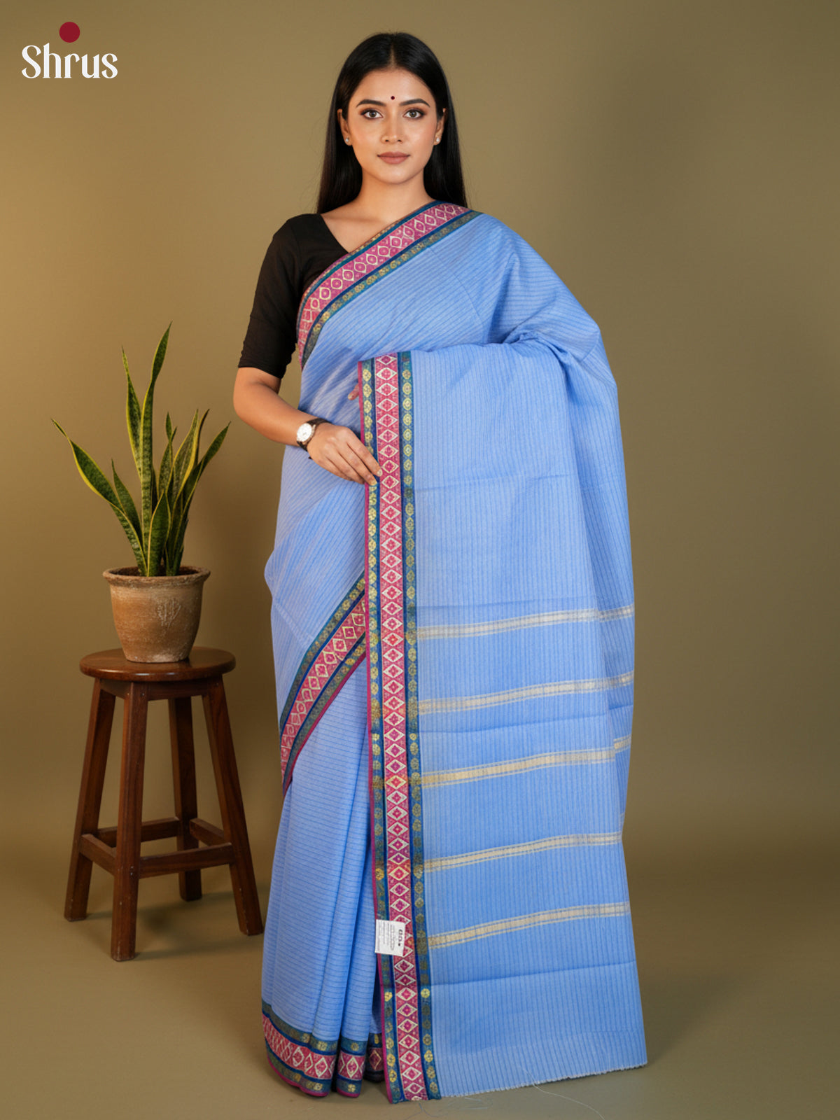 Pastel blue & red - South Cotton Saree-DLS15225