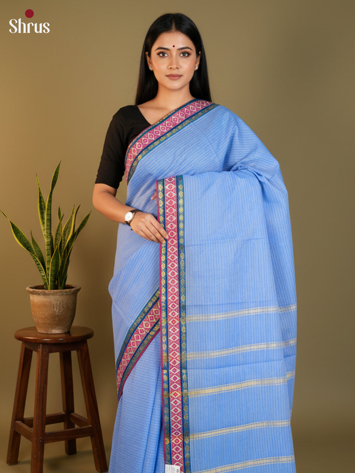 Pastel blue & red - South Cotton Saree-DLS15225
