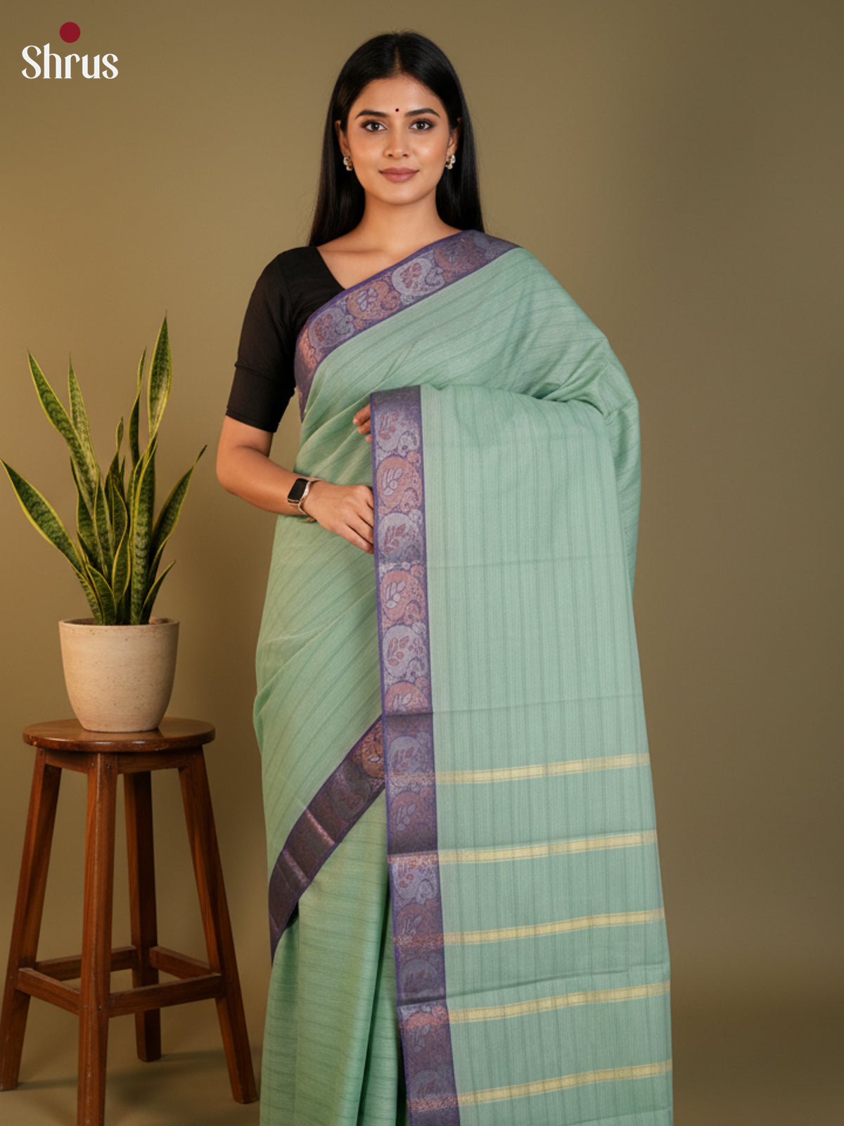 Pastel green & Blue - South Cotton Saree-DLS15228