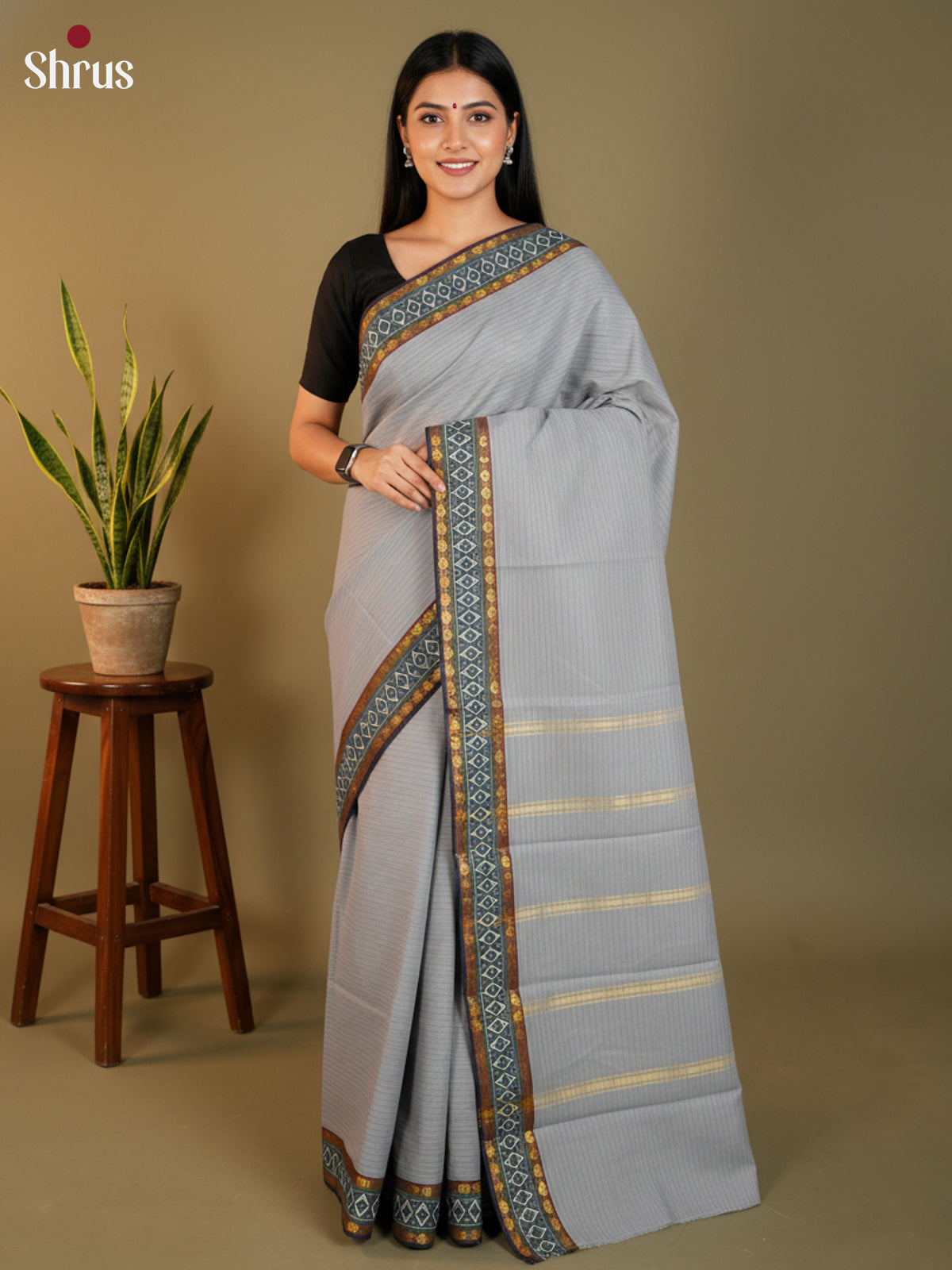 Grey & Black - South Cotton Saree-DLS15229