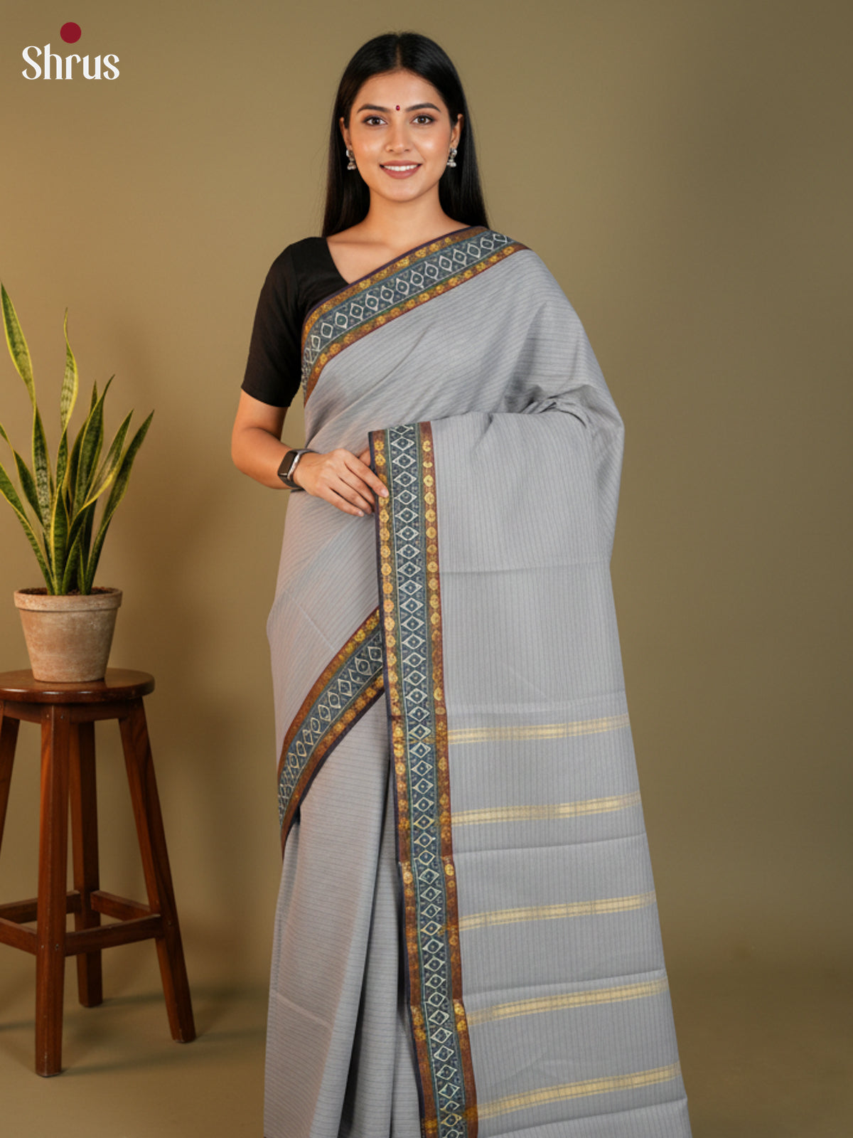Grey & Black - South Cotton Saree-DLS15229
