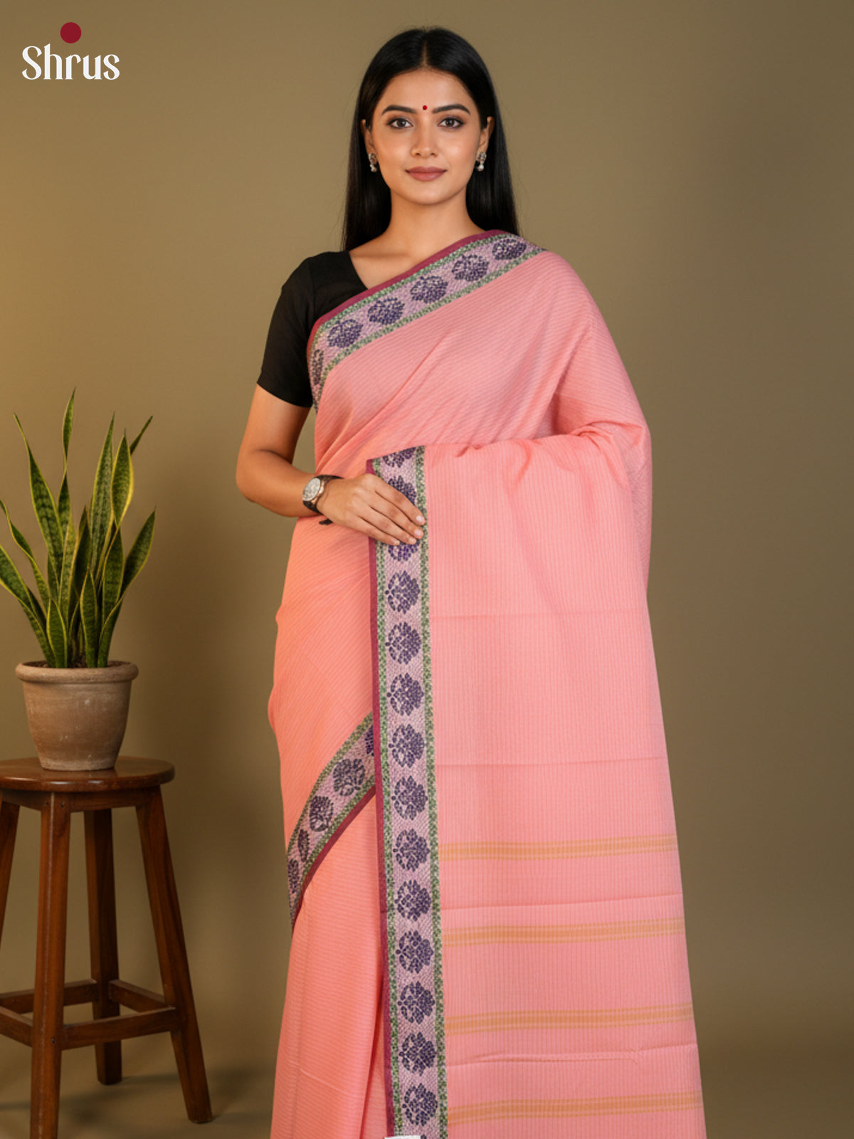 Peach & Maroon - South Cotton Saree-DLS15231