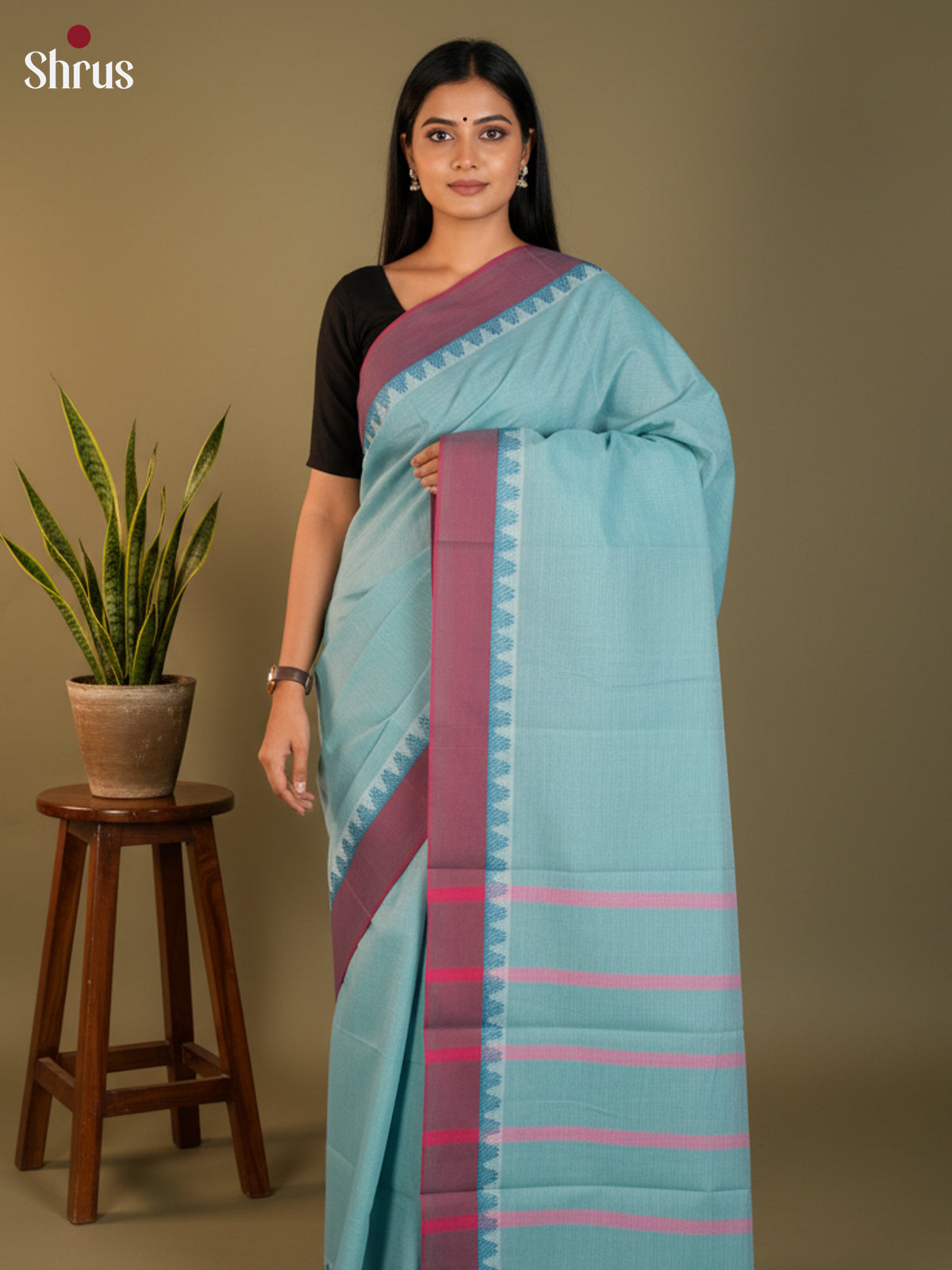 Pastel Blue & Maroon - South Cotton Saree-DLS15233