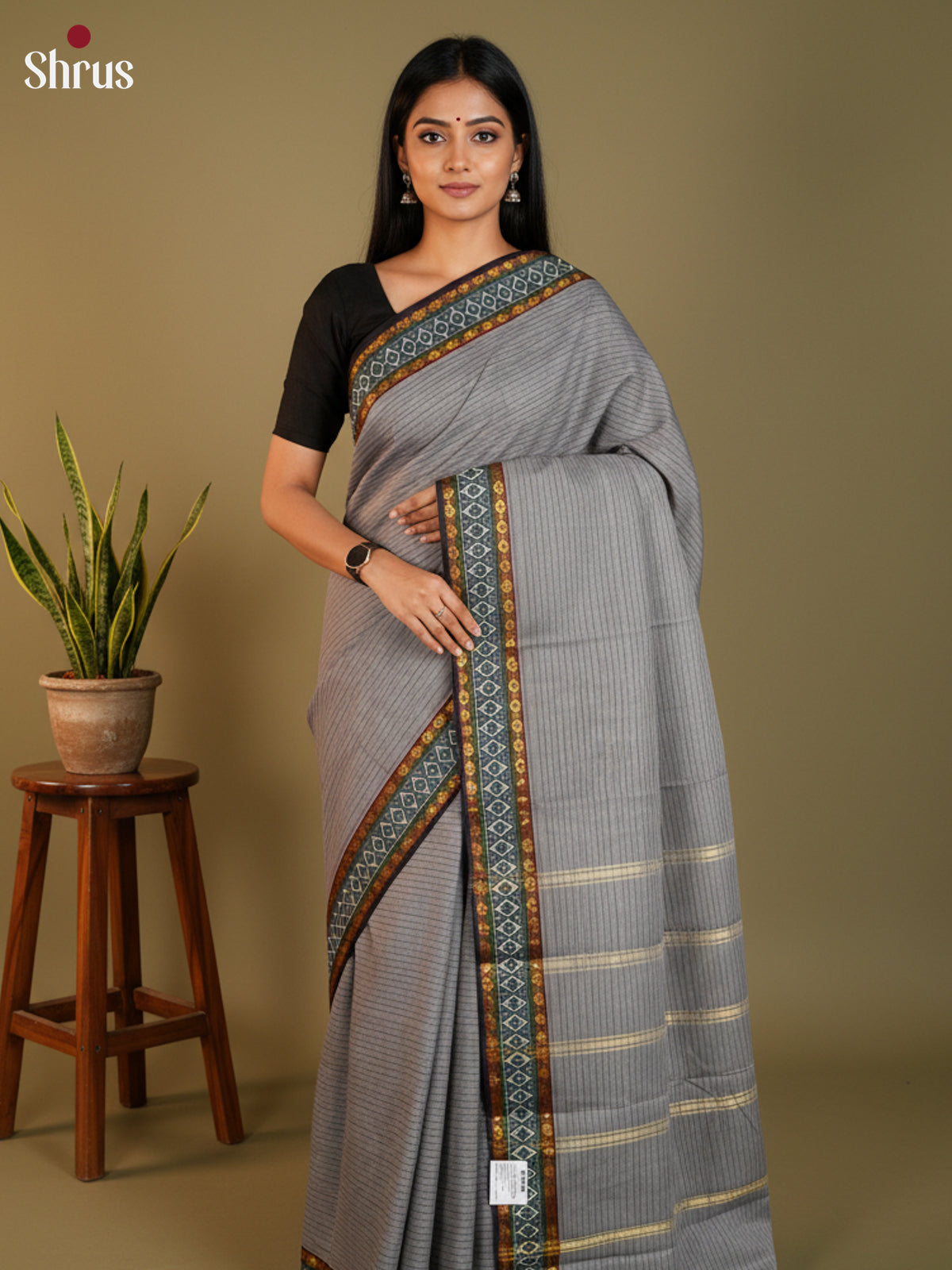 Grey & Black - South Cotton Saree- DLS15244
