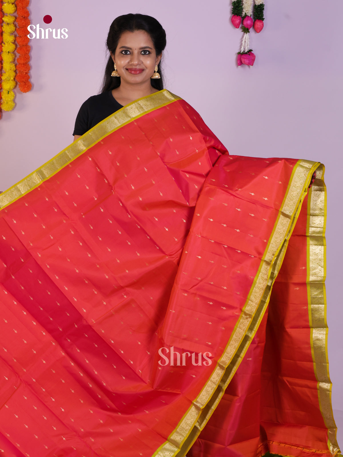 Vibrant Orangish Red Silk Saree With Zari Buttas & Lime Green Border