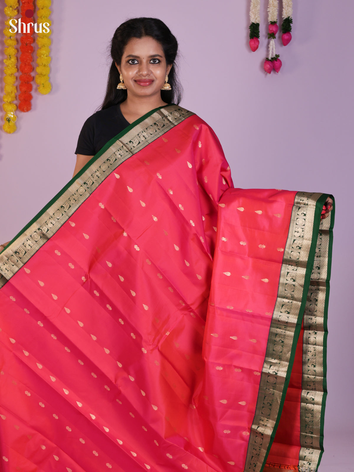 Pretty Pink Kanjivaram Saree With Zari Buttas & Green Zari Border
