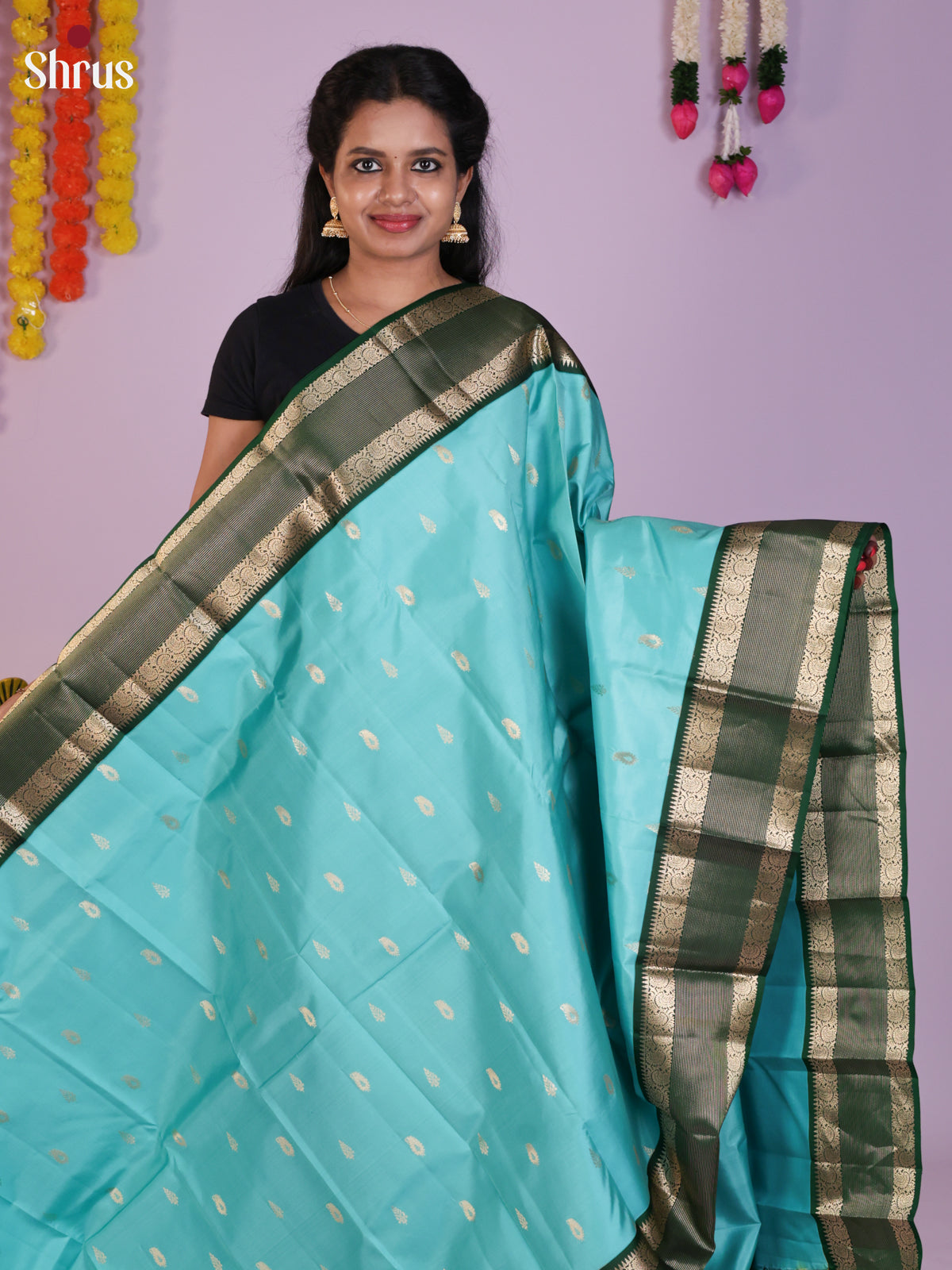 Classic Aqua Blue Bridal Saree With Maanga Buttas & Green Rettaipet Border