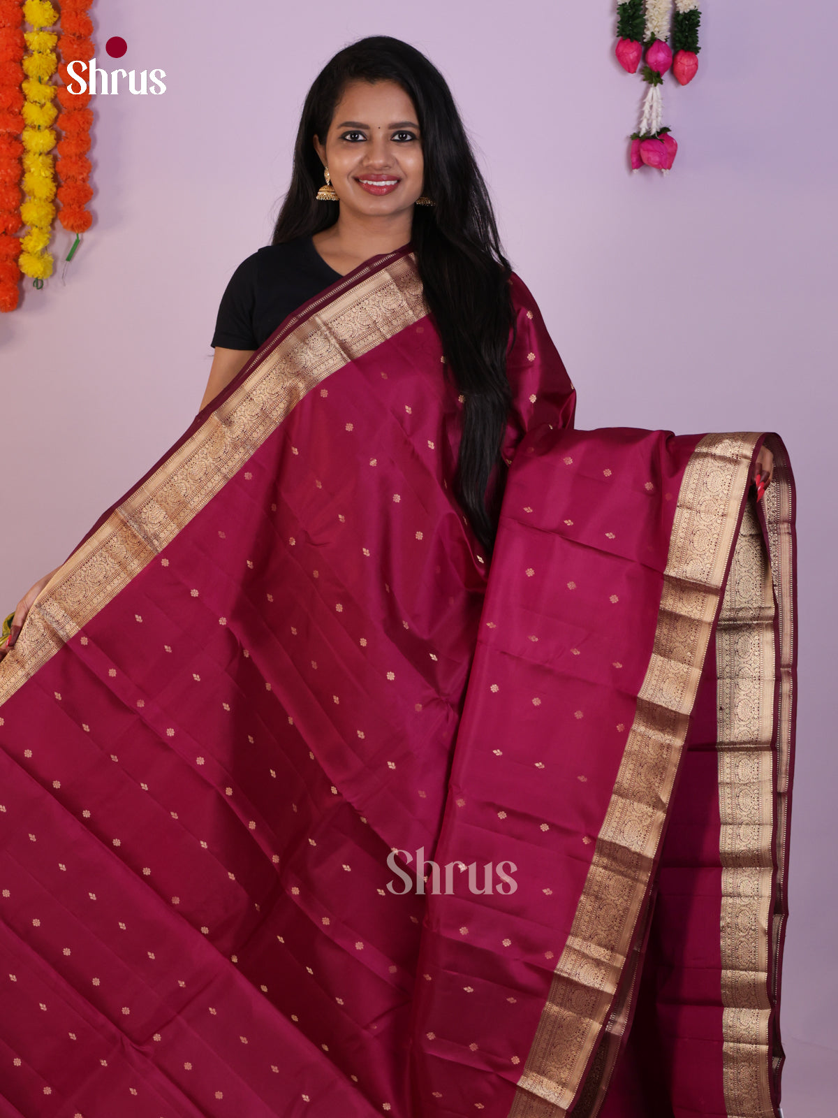 Regal Magenta Silk Saree With Zari Buttas & Brocade Pallu