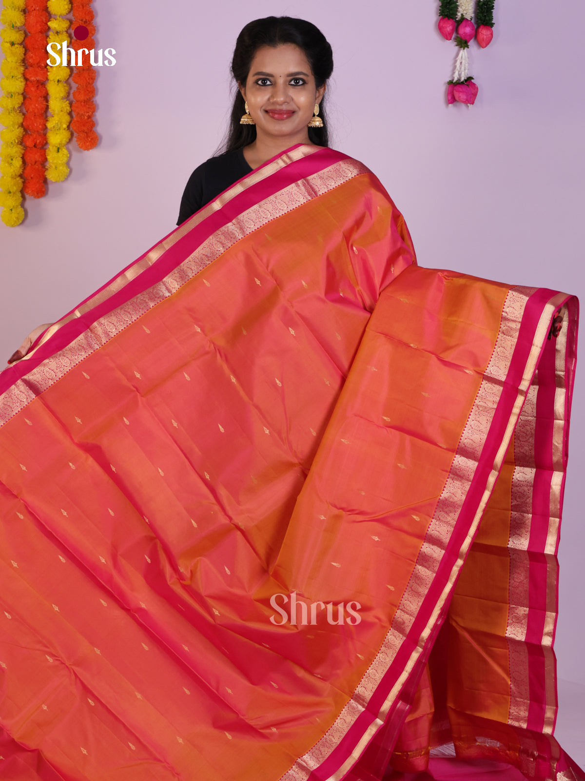 Timeless Orange Wedding Saree With Golden Thilagam Buttas & Pink Rettaipet Border