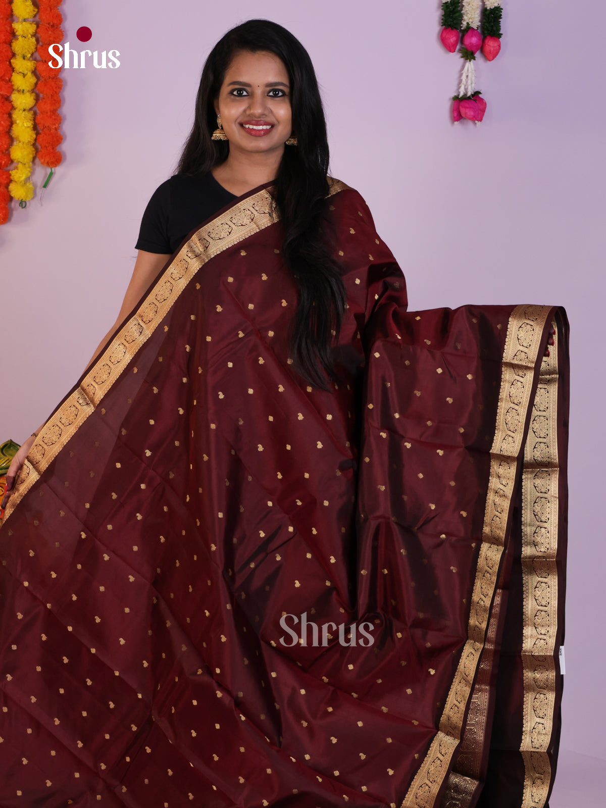Brown Kanjivaram Saree With Golden Zari Buttas