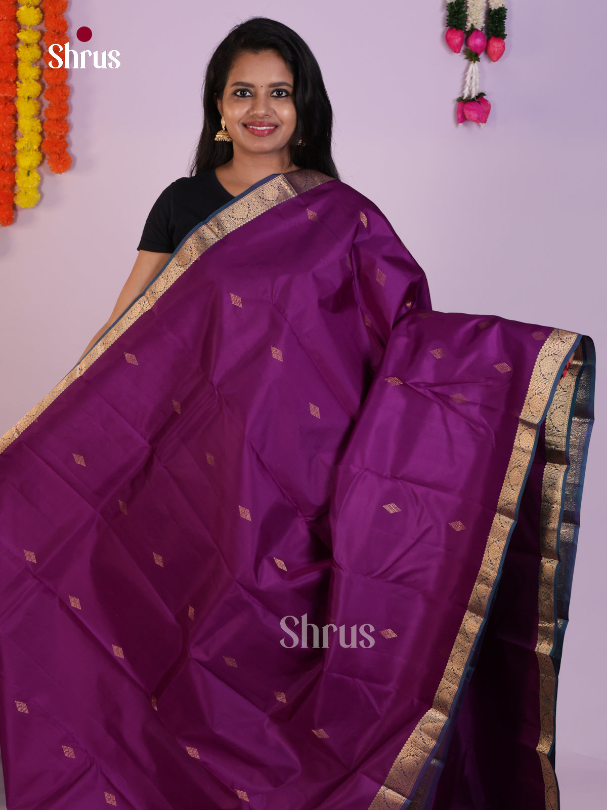 Deep Purple Kanjivaram Silk Saree With Gold Diamond Buttas & Teal Brocade Pallu