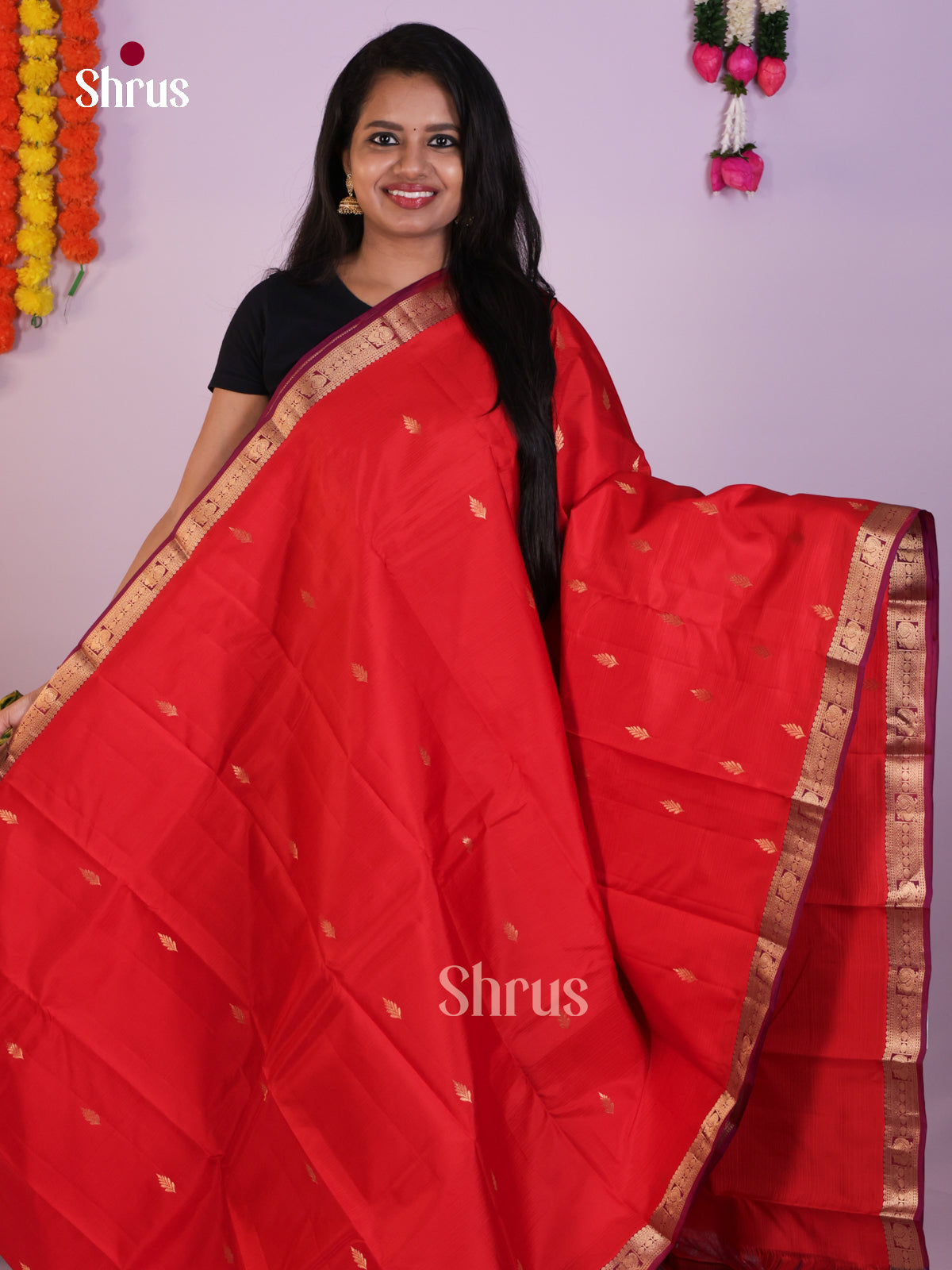Red Kanjivaram Saree With Golden Motifs & Maroon Zari Pallu