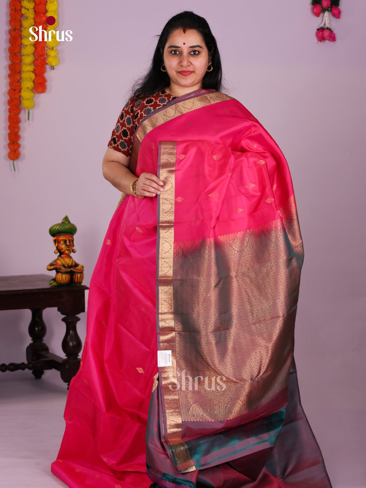 Radiant Rani Pink Kanjivaram Saree With Gold Buttas & Brown Zari Border