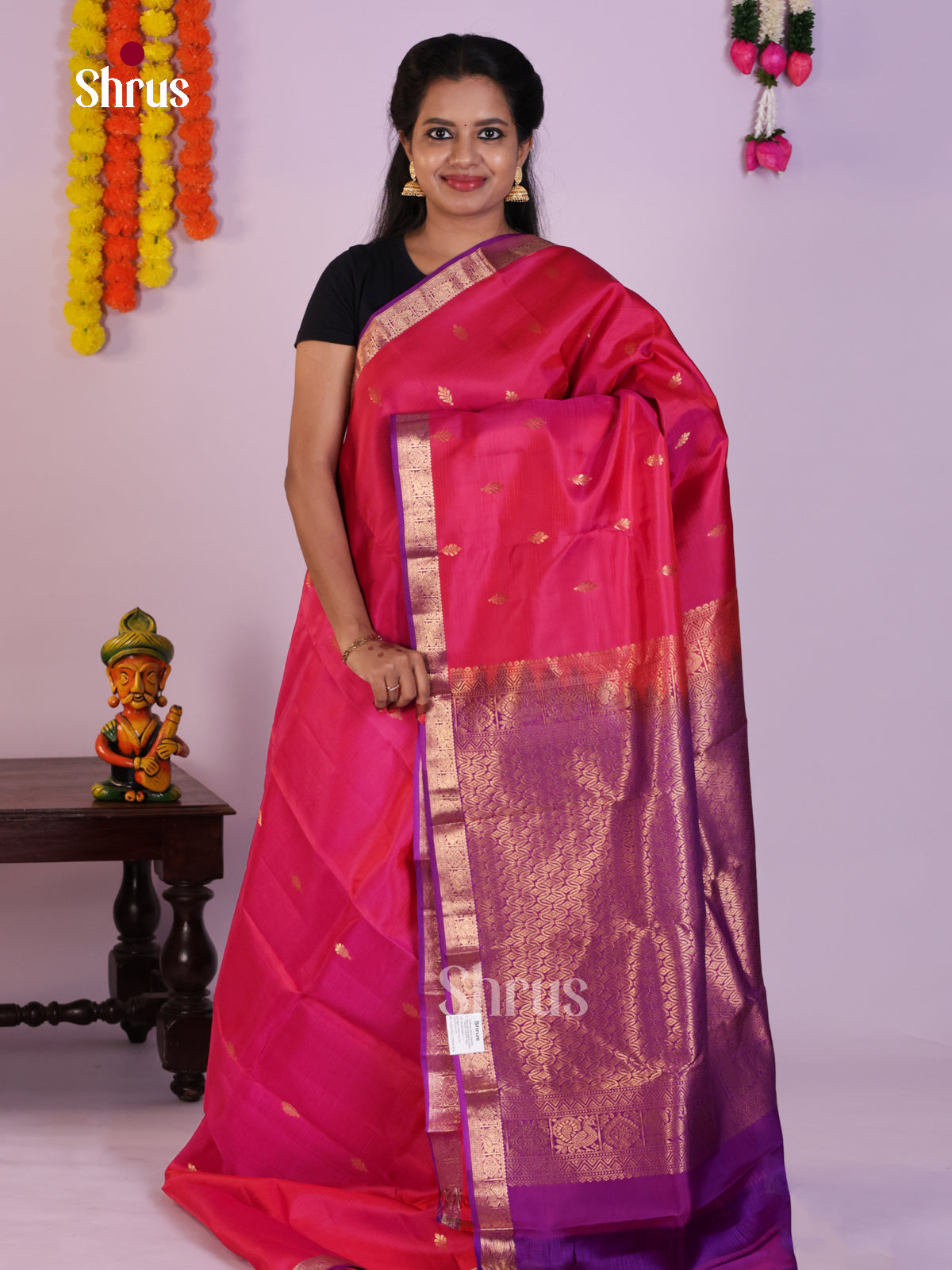 Graceful Fuchsia Pink Pattu Saree With Floral Buttas & Purple Kaddi Zari Border