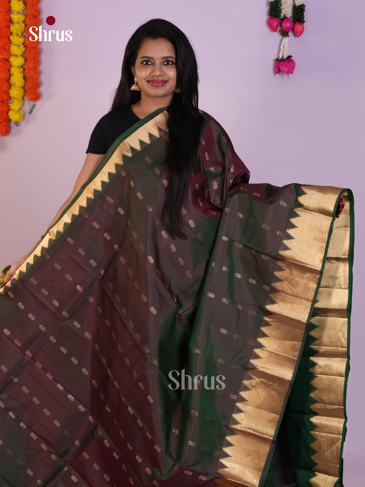 Stunning Dual Shade Brown Kanjivaram Saree With Zari Woven Temple Border