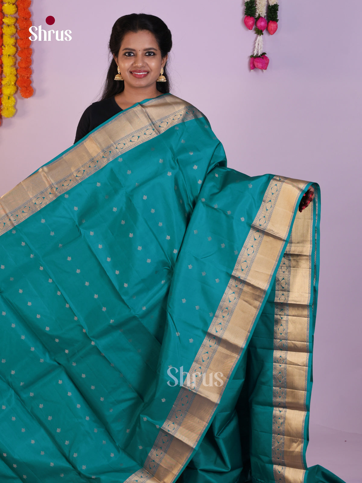 Teal Silk Saree With Golden Buttas & Brocade Pallu