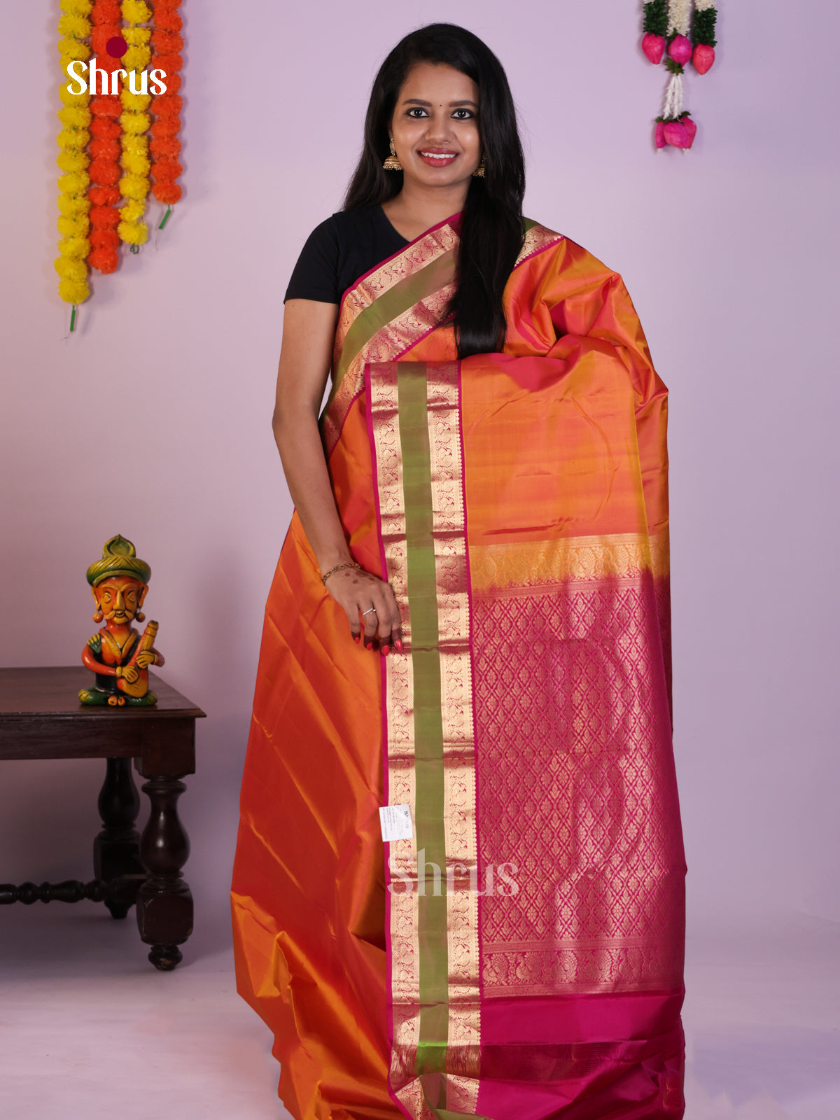 Majestic Orange Kanjivaram Silk Saree With Rettaipet Zari Border