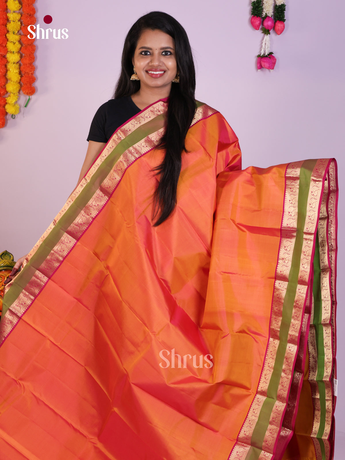Majestic Orange Kanjivaram Saree With Rettaipet Zari Border