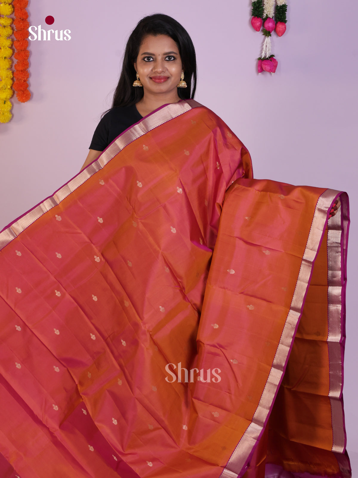 Orange Golden Kanchipuram Silk Saree With Floral Buttas & Purple Border