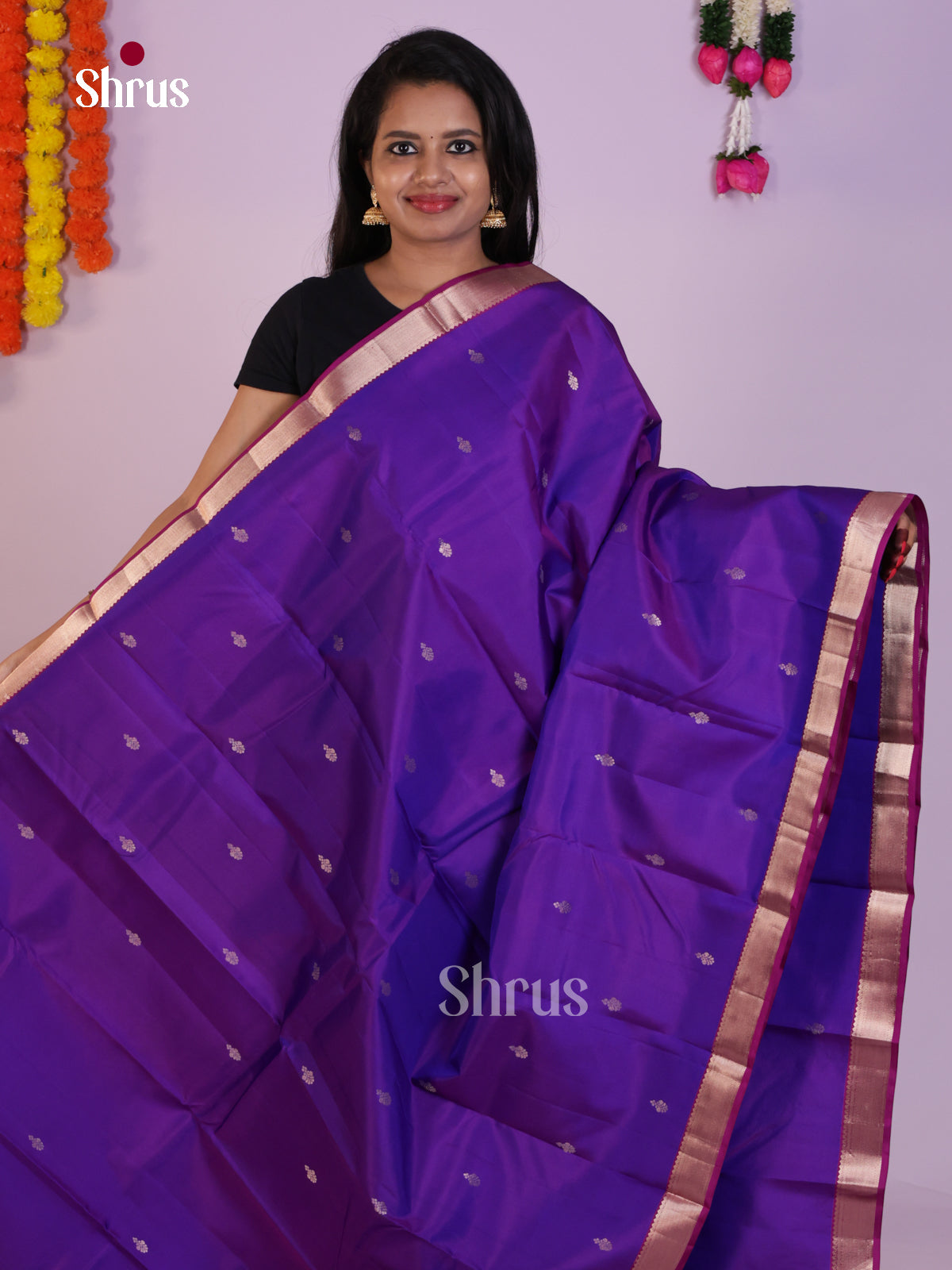 Luxurious Purple Wedding Silk Saree With Floral Buttas & Pink Border