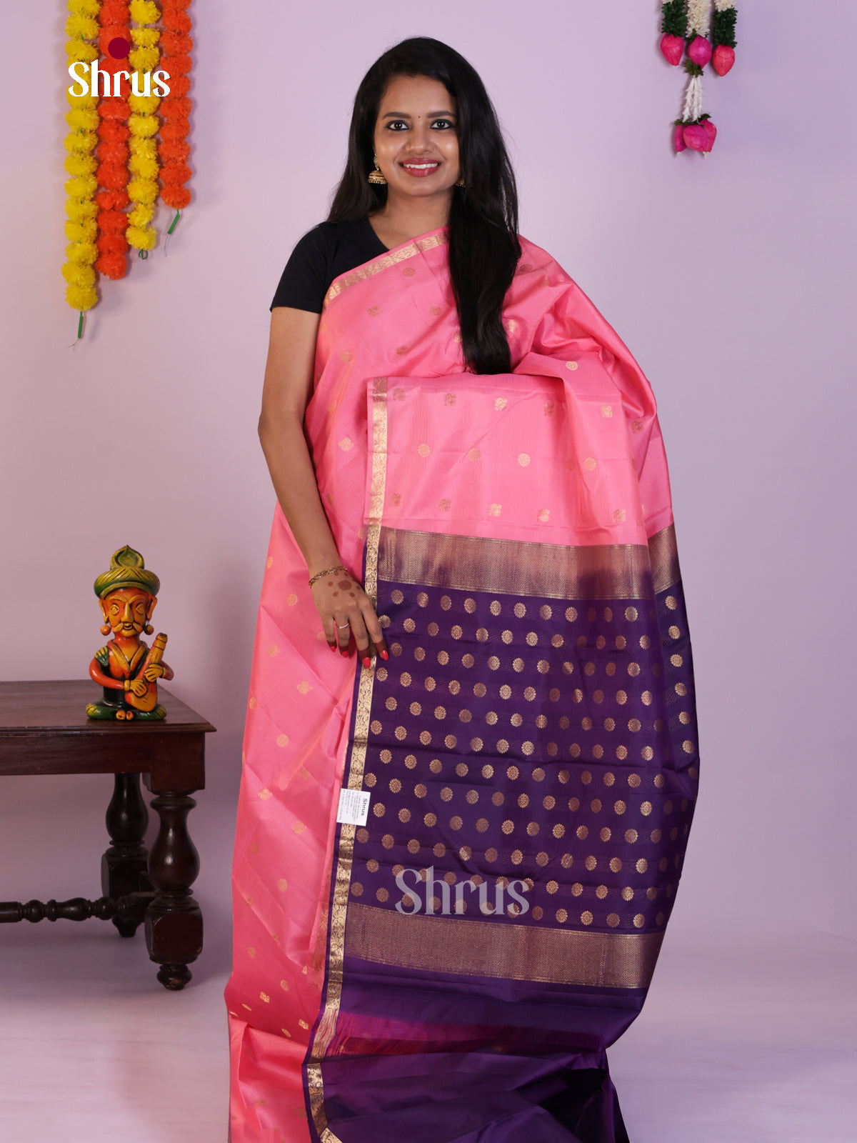 Graceful Peach Kanjivaram Silk Saree With Zari Buttas & Purple Pallu