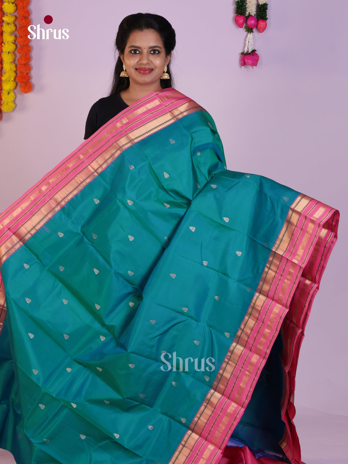 Stunning Teal Blue Wedding Saree With Leaf Buttas & Light Pink Rettaipet Zari Border