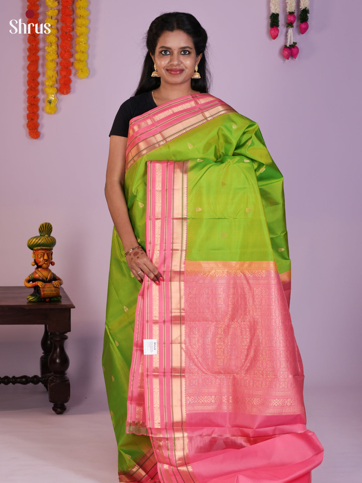 Ethnic Lime Green Pattu Saree With Gold Buttas & Light Pink Rettaipet Border